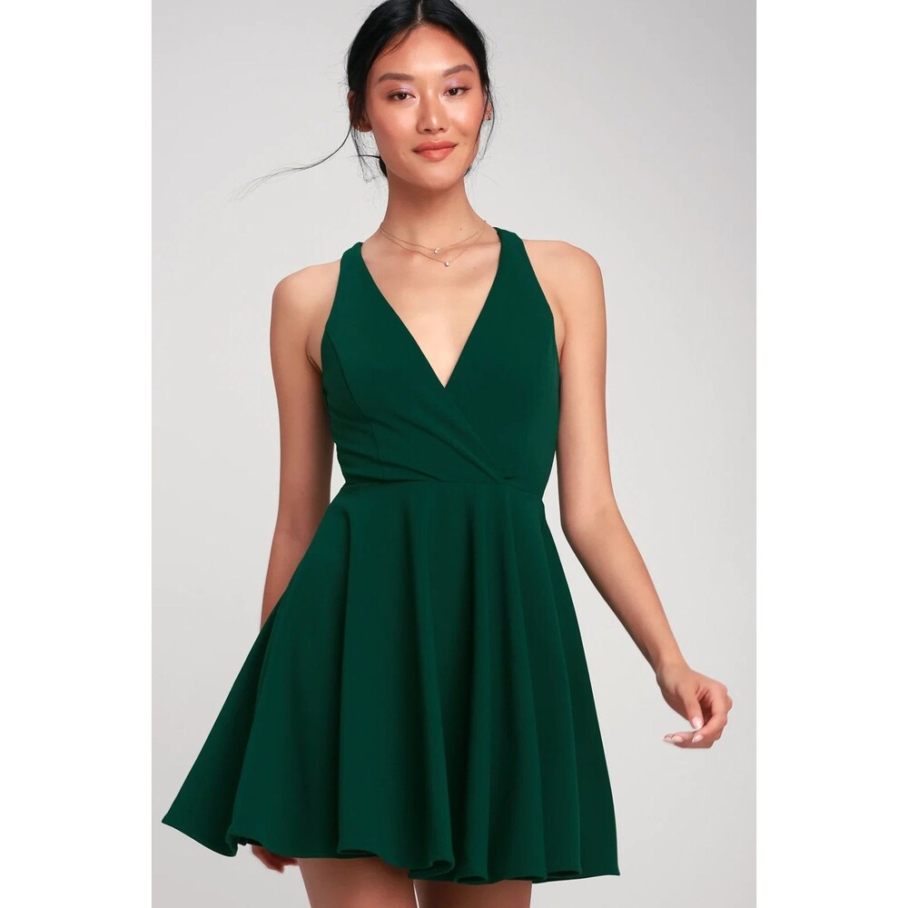 Lulus NWT Wonder Whirl Dark Green Twist Back Skater Dress - Size XL